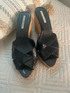 Via Spiga Black Patent Cork Wedge Mules
